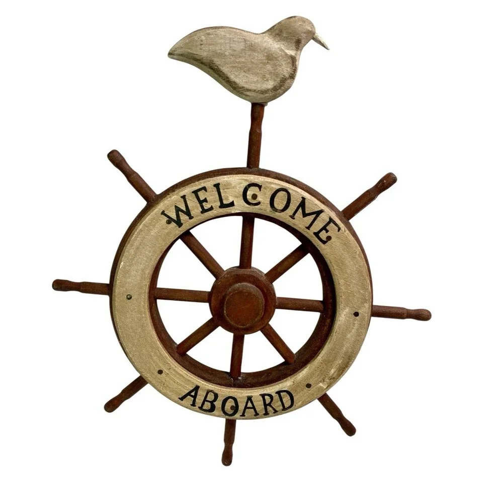 Welcome Aboard Nautical Wood Sign, Ship Wheel, Seagull Beach Decor 12x10